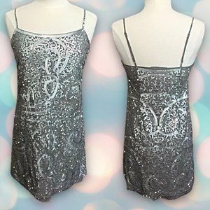 BCBGMAXAZRIA Women’s Silver Sequin Spaghetti Strap Slip Mini Dress Size 4